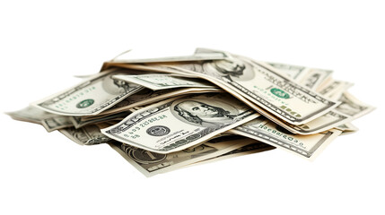 Falling cash money in mid-air, featuring scattered dollar bills representing wealth and financial success, isolated on transparent background 