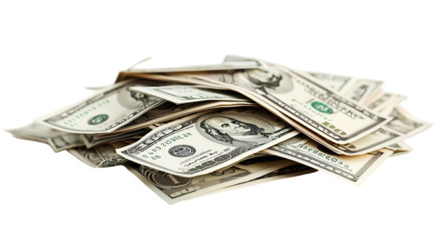 Falling cash money in mid-air, featuring scattered dollar bills representing wealth and financial success, isolated on transparent background 