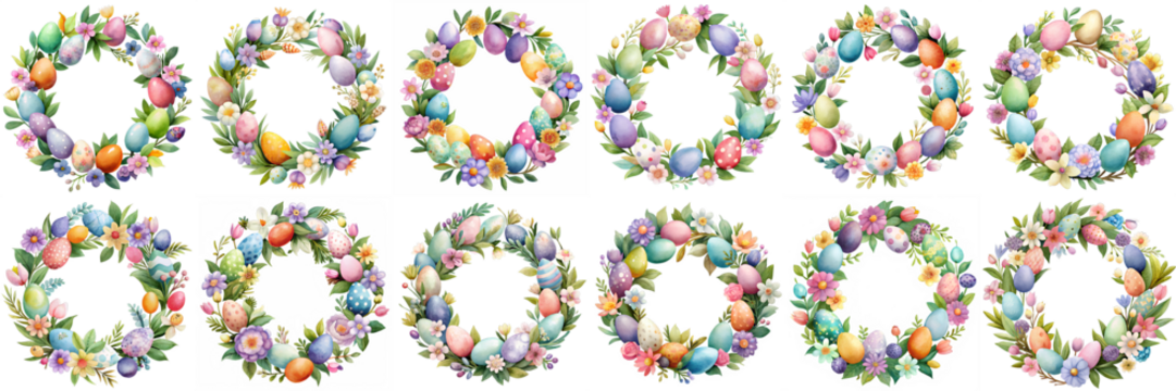 Twelve Watercolor Easter Egg Wreaths with Spring Flowers Perfect for Spring Holidays and