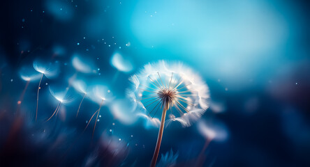 Delicate dandelion seeds float in the wind, carried away from the flower head against a soft, dreamy blue backdrop. Nature's gentle dispersal captured in a serene moment.