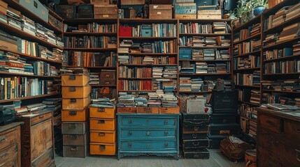 Fototapeta premium Overflowing book-filled room with antique furniture.