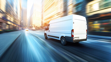 White delivery van speeding through city street