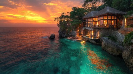 Obraz premium Cliffside villa with ocean view at sunset.