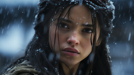 young woman with long dark hair stands in snowy landscape, snowflakes falling around her. Her expression is serious and contemplative, reflecting cold environment