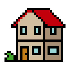 Two-story house building in pixel art