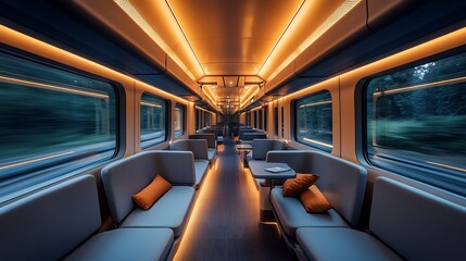 Traveling by Train Interior View with Empty Seats and Motion Blur
