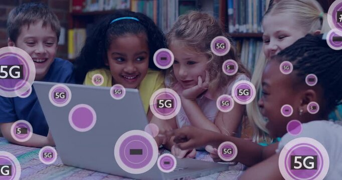 Children using laptop with 5G technology animation overlay in library setting