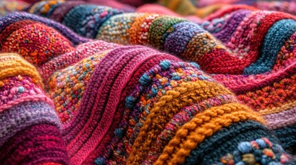 Colorful textured knitted fabric with wavy patterns.