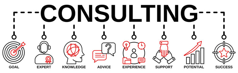 Consulting banner web icon vector illustration concept for business consultation with an icon of goals, expert, knowledge, advice, experience, support, potential, and success