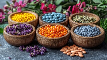 Colorful herbal pills and dried herbs in wooden bowls.