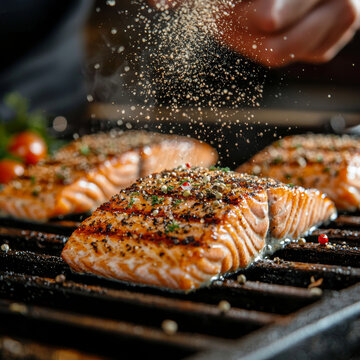 Grilled salmon fillets seasoned with herbs and spices