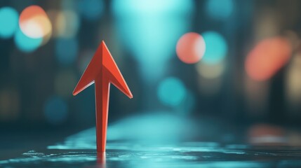 Striking Red Arrow Pointing Upward Against a Dreamlike Background with Colorful Bokeh Lights