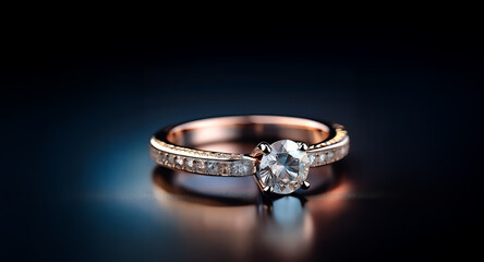 A shiny gold ring with a large clear gem stone is displayed on a dark backdrop with a spotlight effect. The jewelry glitters elegantly, highlighting its precious metal and brilliant cut.