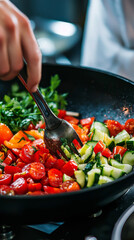 Close-up of a hand using a fork to toss colorful vegetables in a pan