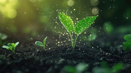 Vibrant Growth of a Seedling Surrounded by Sparkling Particles Representing Nature's Resilience and the Beauty of New Beginnings in a Digital Realm