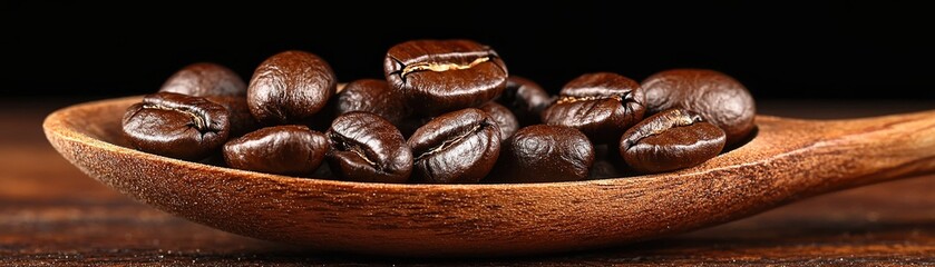 wooden spoon filled with roasted coffee beans on dark background