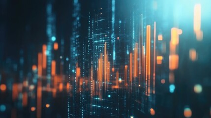 Captivating Data Visualization with Luminous Bars and Digital Elements Representing Market Trends and Financial Analytics in a Modern Tech Environment