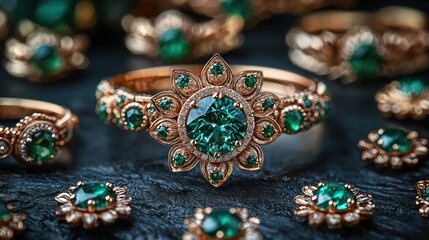 Rose gold ring with green gemstone and diamonds, surrounded by other jewelry.