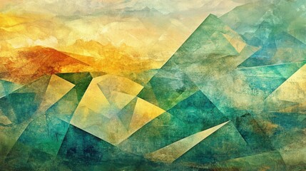 Abstract Mountain Landscape: Geometric Teal and Gold Hues