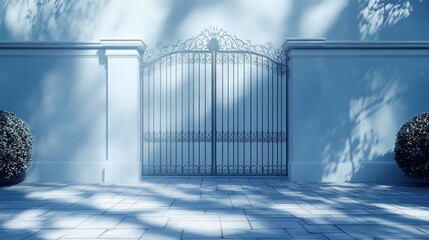 Elegant wrought iron gate framed by manicured shrubs and soft shadows in serene blue-toned garden setting
