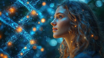 Woman gazing at glowing particles, DNA-like strands.