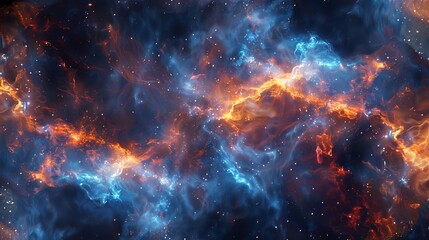 A beautiful cosmic scene featuring vibrant blue, orange, and black interstellar clouds.