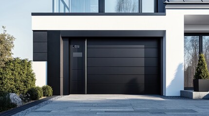 Modern Minimalist House Exterior with Sleek Black Garage Door and Clean Landscape Design