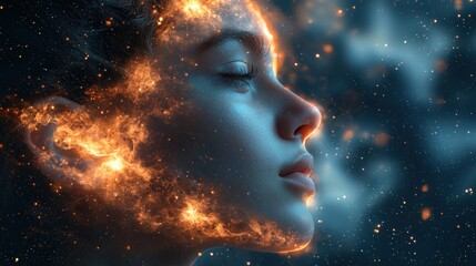 Fiery face of a woman with eyes closed against a dark background.