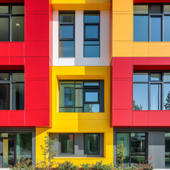 Fototapeta premium Modern Apartment Building Facade with Vibrant Red and Yellow Colors