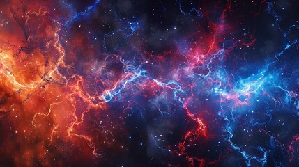 A vibrant depiction of a nebula showcasing swirling colors of red, blue, and purple, set against a starry backdrop.