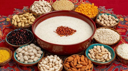 Creamy Porridge with Assorted Grains and Legumes on Red Tablecloth