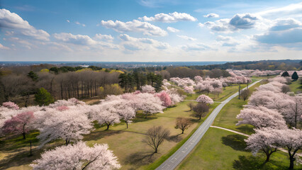 An aerial photograph of a spring park, where cherry trees form a picturesque floral canopy, creating a dreamy and romantic scene. Great for wedding invitations, greeting cards, lifestyle blogs