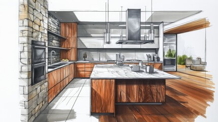 Modern Kitchen Design Sketch: Luxurious Island, Walnut Cabinets, Stone Accent Wall