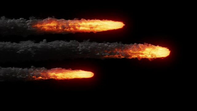 Three burning meteors flying through space - VFX element - 4K Pro Res with mask pass, 60 fps