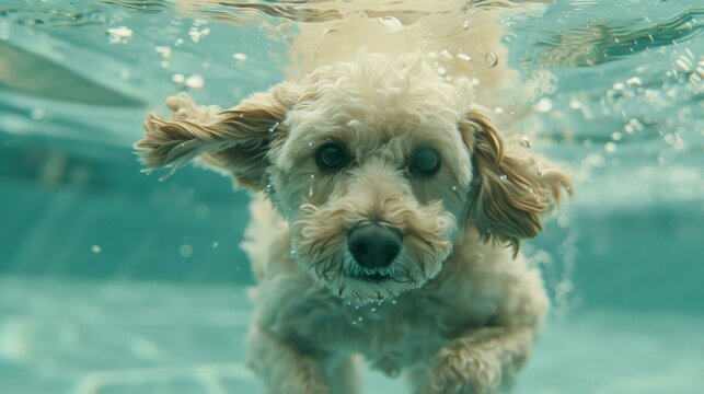A dog swims underwater, looking directly at the camera. AI.