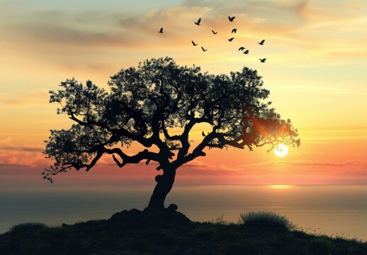 A lone tree stands against a vibrant sunset over the ocean. AI.