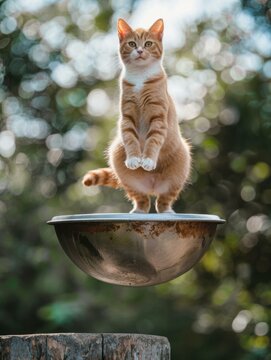 A cat balancing on a bowl. AI.
