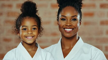 Portrait of a mother and daughter wearing martial arts uniforms with smiling expressions Family bonding and empowerment concept through shared physical activity and discipline