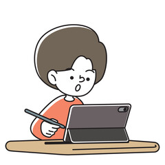 タブレット端末で集中して学習をする子供のベクターイラスト