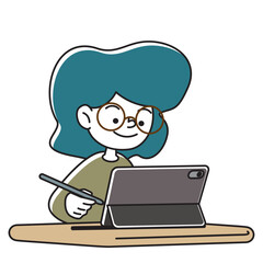 タブレット端末とタッチペンで学習をする笑顔の子供のベクターイラスト