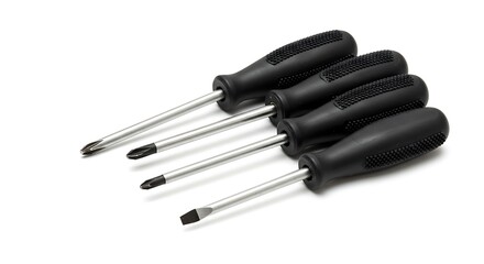 Fototapeta premium Arrangement of Screwdrivers with Black Handles on Clean White Background