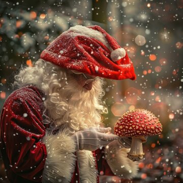 Santa Claus examines a mushroom in the snow. AI.