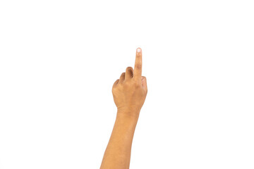 Naklejka premium Hand pointing up with index finger, isolated on a white background. Ideal for concepts of touch, selection, and pressing. Right hand, close up view, showing gesture