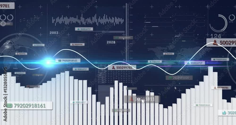 Poster bar graphs and data charts with digital wave animation on dark background