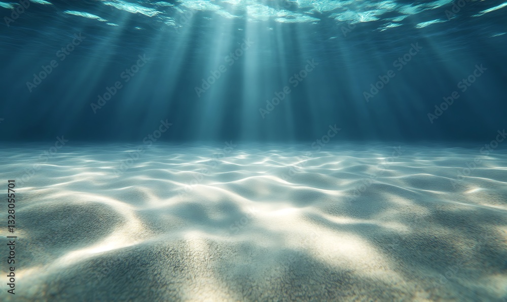 Poster Underwater scene with soft light rays illuminating sandy ocean floor.