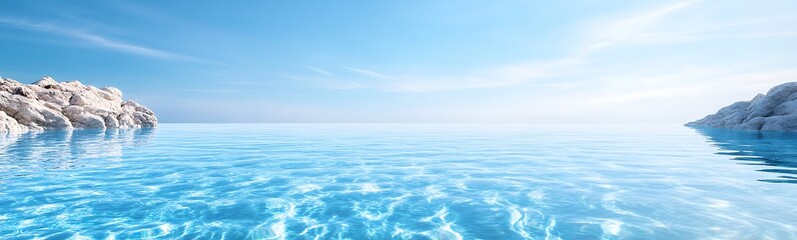 Fototapeta premium Serene blue ocean with clear water and rocky shoreline under a bright sky.