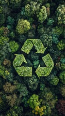 Aerial View of a Lush Forest with a Recycle Symbol