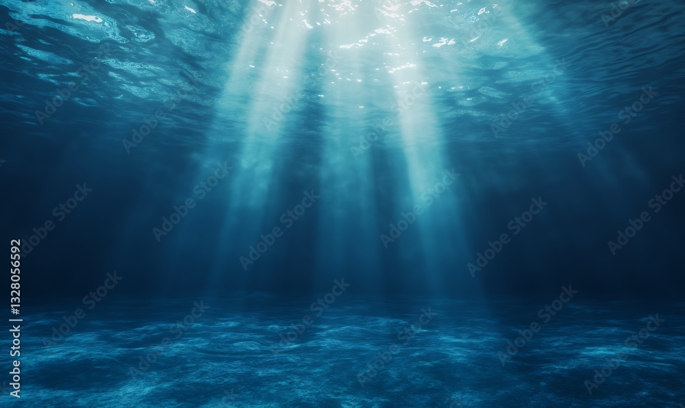 Poster underwater scene with light rays illuminating the deep blue ocean atmosphere.