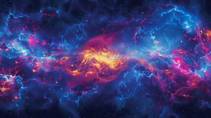 A mesmerizing cosmic scene filled with vibrant colors of blue, pink, and orange, depicting a nebula in deep space.
