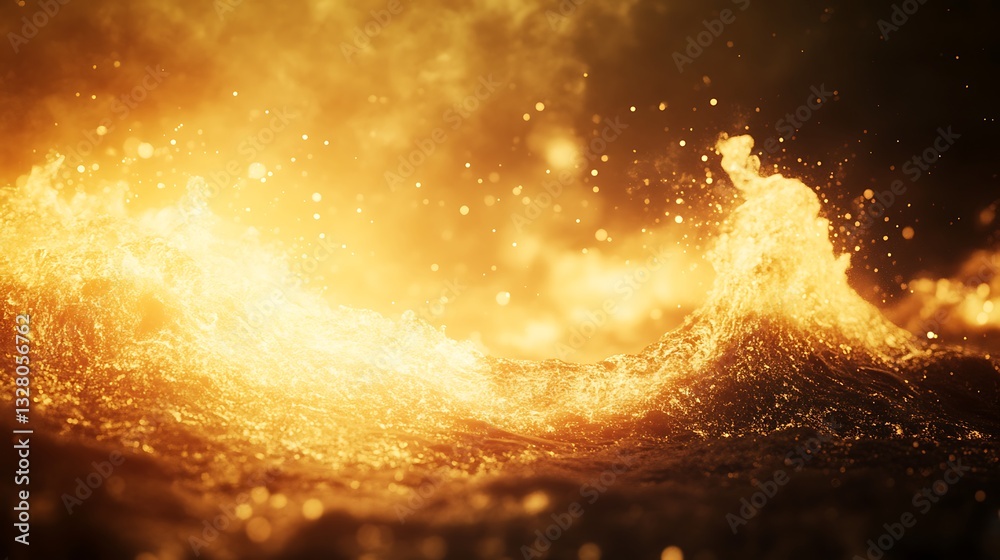 Poster Fiery golden waves with sparkling light creating a dramatic and dynamic visual effect.